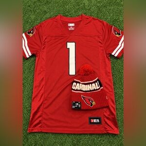 Arizona Cardinals Red Jersey and Pom Beanie and Kyler Murray Jersey size L Set